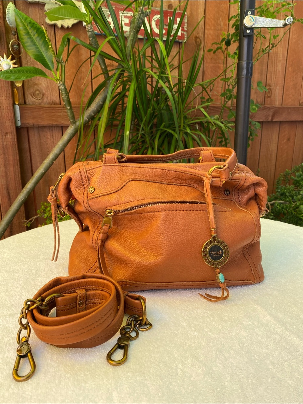 The Sak Cognac Leather Shoulder Bag with Detachable Strap